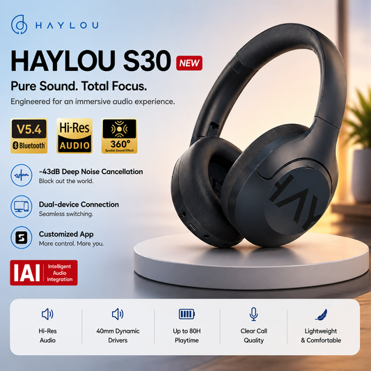 HAYLOU S30 ANC Over-Ear Headphones – 43dB Adaptive ANC, LDAC Hi-Res, 80Hr Battery, Memory Foam