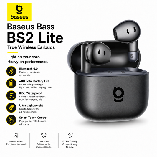 Baseus Bass BS2 Lite – True Wireless Earbuds | Bluetooth 6.0 | 40H Battery | IP55