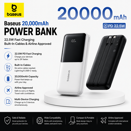 Baseus 20,000mAh Power Bank — 22.5W Fast Charging, Built-In Cables & Airline Approved