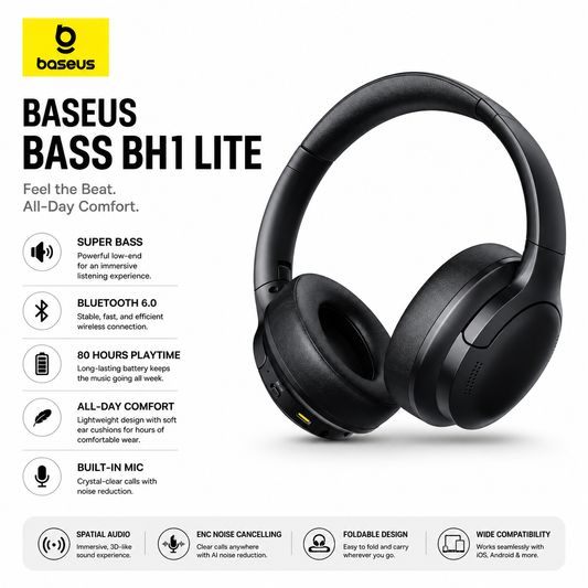 Baseus Over-Ear Headphones — Bluetooth 5.3, 70H Playtime, Spatial Audio & ENC Noise Cancelling