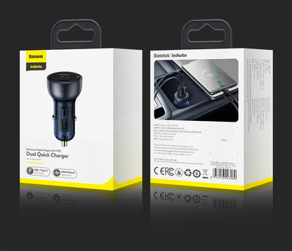 Baseus 65W PD Car Charger – QC 4.0 + QC 3.0, USB-C + USB-A, LED Display, Fast Charge