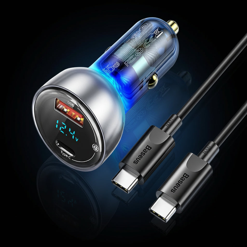 Baseus 65W PD Car Charger – QC 4.0 + QC 3.0, USB-C + USB-A, LED Display, Fast Charge