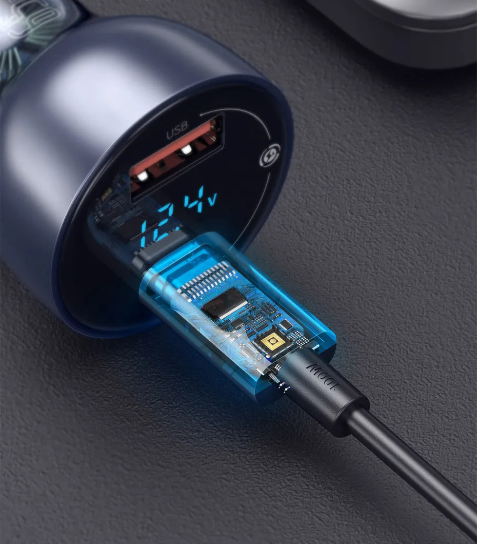 Baseus 65W PD Car Charger – QC 4.0 + QC 3.0, USB-C + USB-A, LED Display, Fast Charge