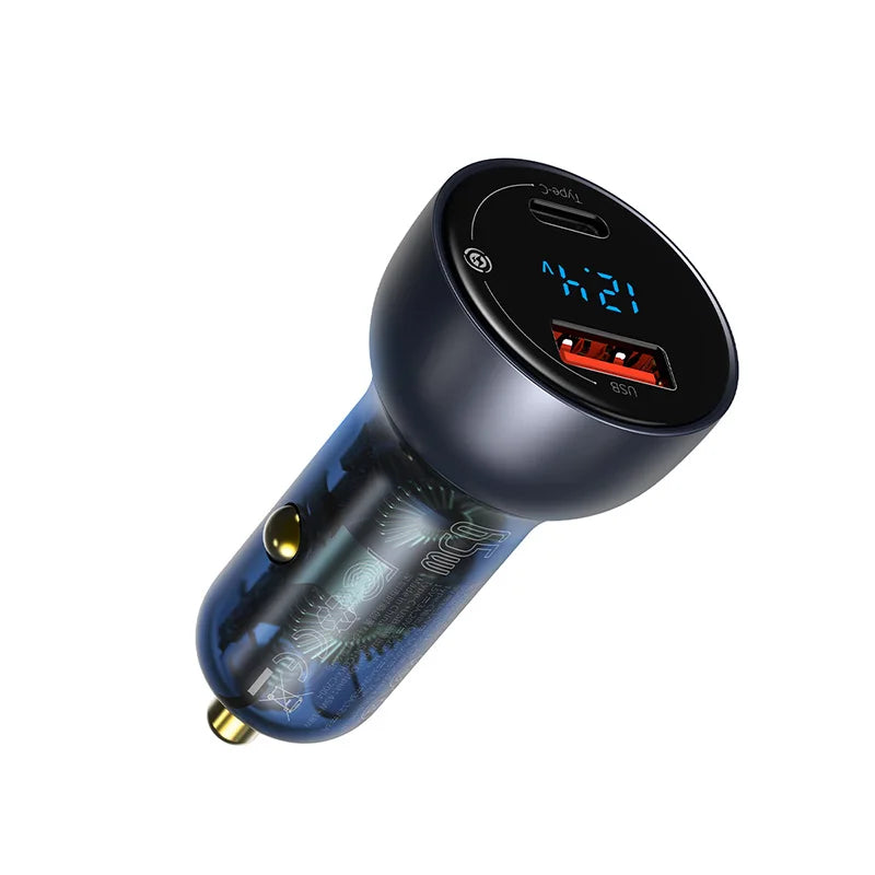 Baseus 65W PD Car Charger – QC 4.0 + QC 3.0, USB-C + USB-A, LED Display, Fast Charge