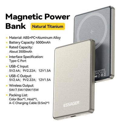 Essager Slim Magnetic Power Bank — 5000mAh, 20W Wireless, MagSafe iPhone 14–17