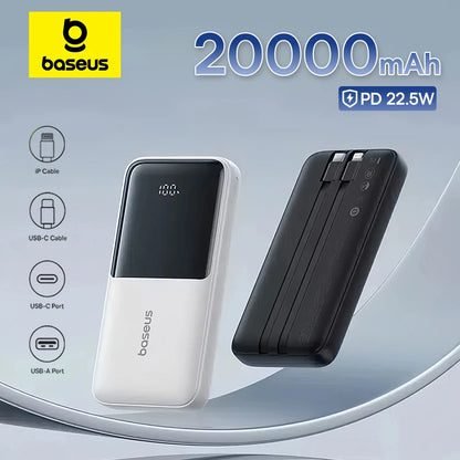 Baseus 20,000mAh Power Bank — 22.5W Fast Charging, Built-In Cables & Airline Approved