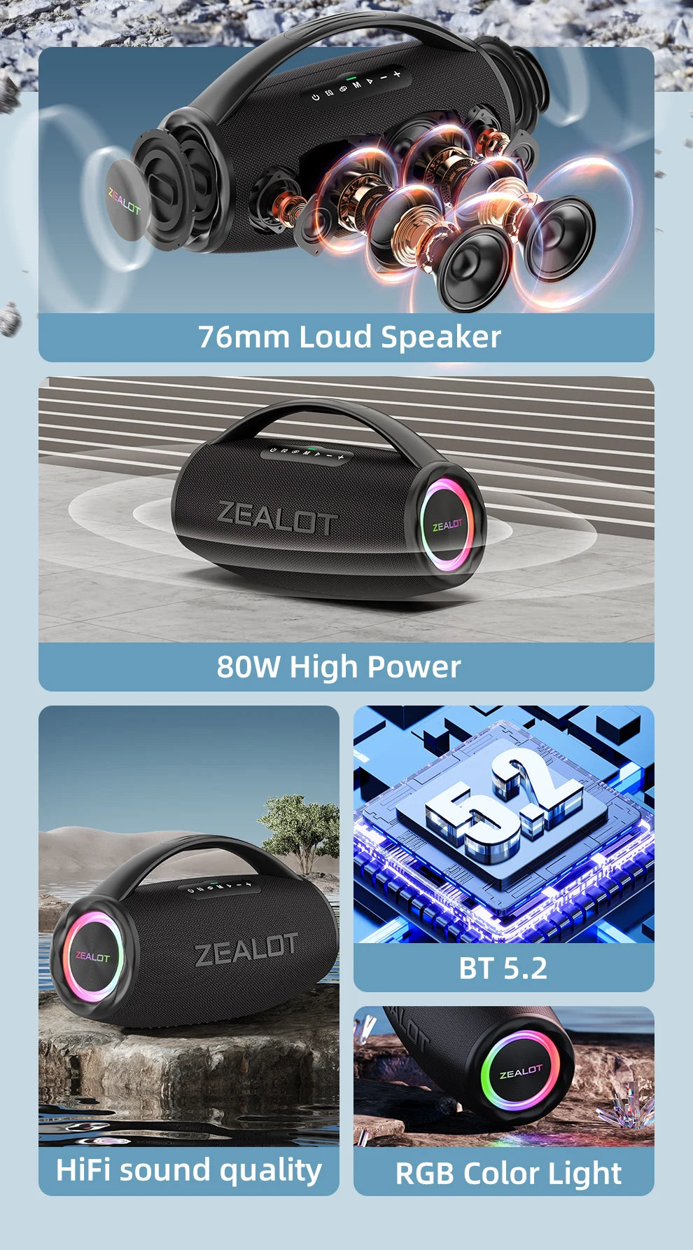 ZEALOT S97 80W Portable Bluetooth Speaker – RGB Lights, Waterproof, 360° Stereo, TWS