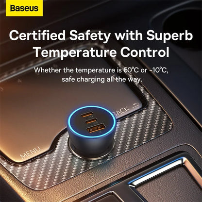 Baseus 65W Car Charger — 3-Port USB-C & USB-A, Fast Charging