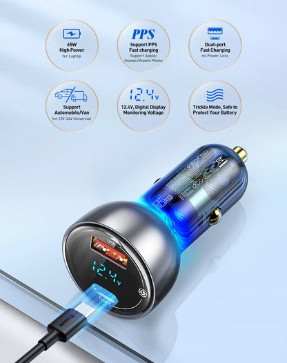 Baseus 65W PD Car Charger – QC 4.0 + QC 3.0, USB-C + USB-A, LED Display, Fast Charge