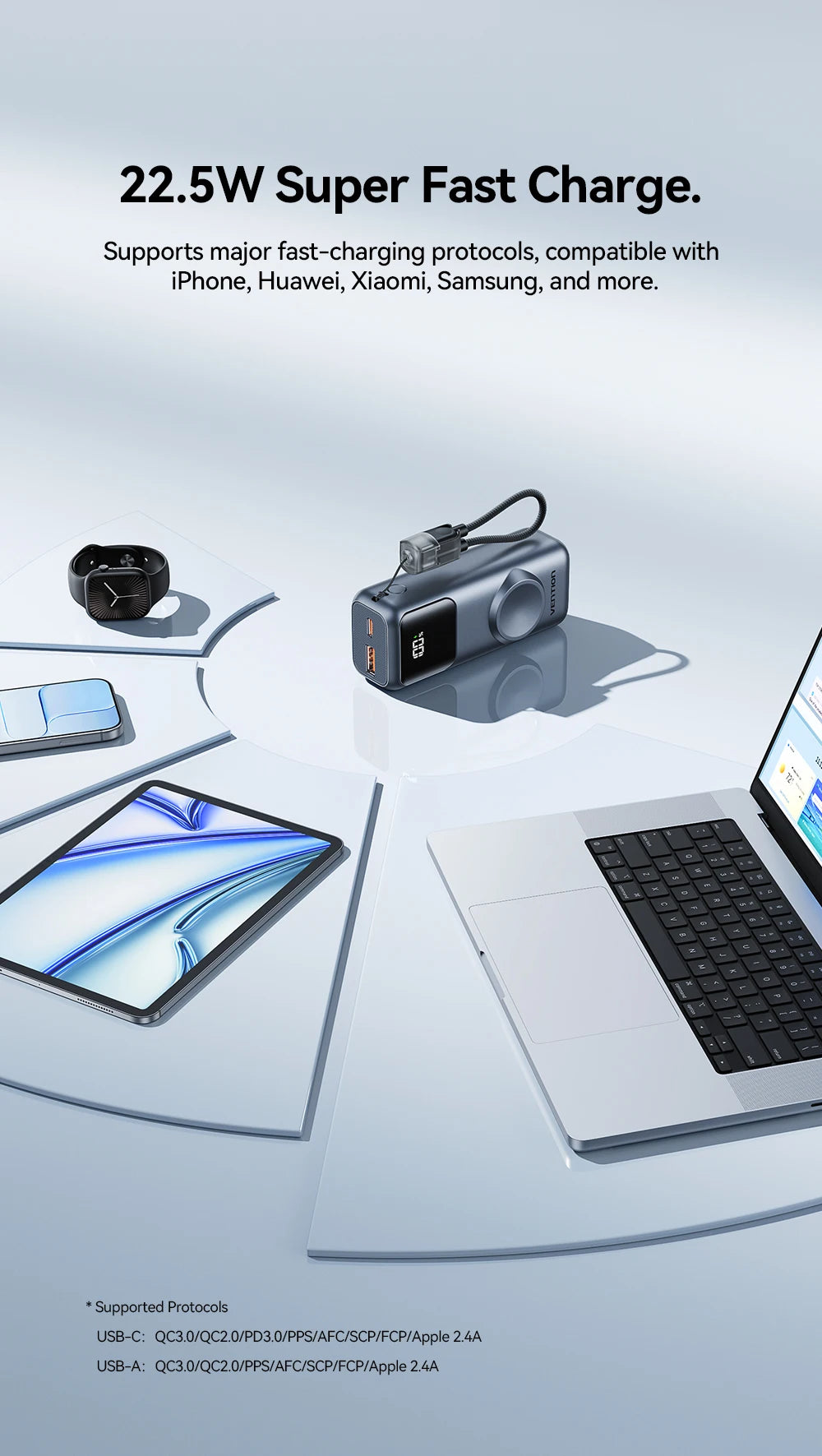 Vention 10000mAh Power Bank – 22.5W, Wireless Charging, Apple Watch Charger, Digital Display