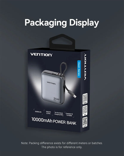 Vention 10000mAh Power Bank 35W – 3C Fast Charge, Built-In Cable, Digital Display, Beige / Gray