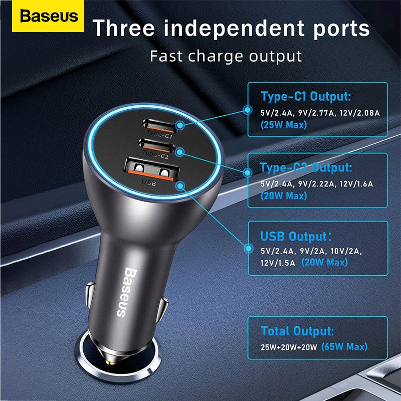 Baseus 65W Car Charger — 3-Port USB-C & USB-A, Fast Charging