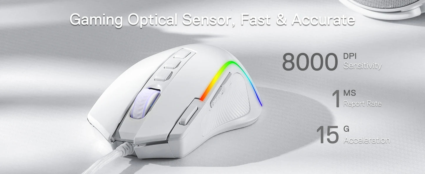 Redragon M612 Predator RGB Gaming Mouse – 8000 DPI, 11 Programmable Buttons, Wired, White
