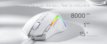 Redragon M612 Predator RGB Gaming Mouse – 8000 DPI, 11 Programmable Buttons, Wired, White