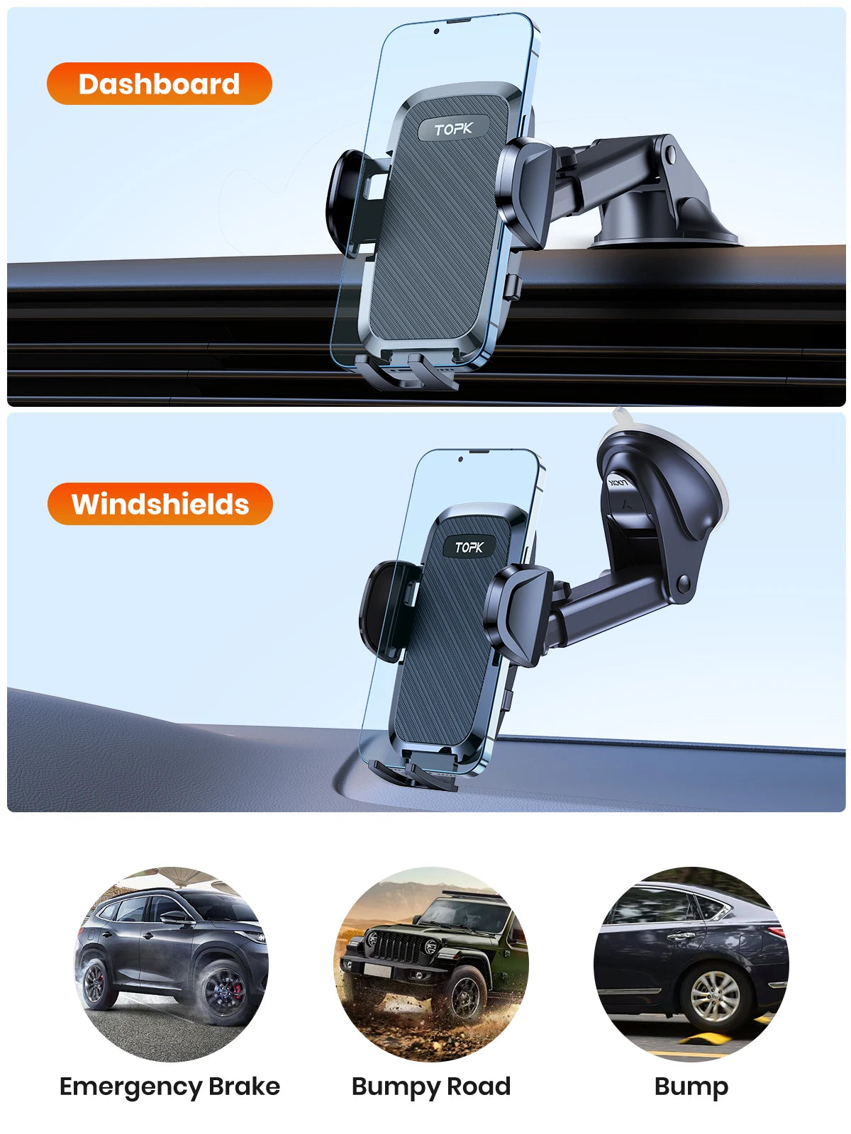 TOPK 4-in-1 Car Phone Holder – Dashboard, Windscreen & Air Vent Mount, Universal Fit