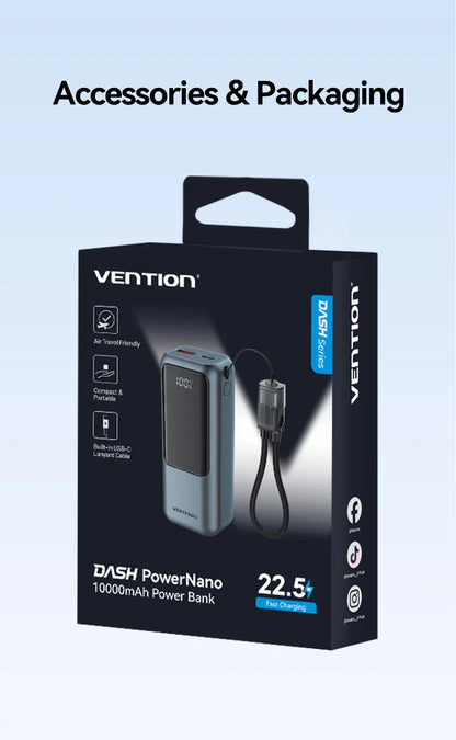 Vention 10000mAh Mini Power Bank – 22.5W Fast Charge, Built-In USB-C Cable, Digital Display