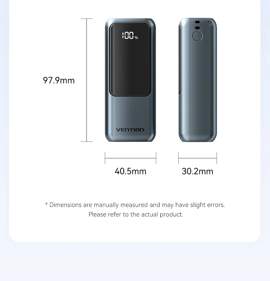 Vention 10000mAh Mini Power Bank – 22.5W Fast Charge, Built-In USB-C Cable, Digital Display