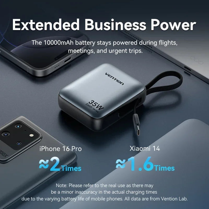 Vention 10000mAh Power Bank 35W – 3C Fast Charge, Built-In Cable, Digital Display, Beige / Gray