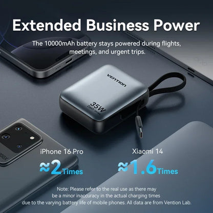 Vention 10000mAh Power Bank 35W – 3C Fast Charge, Built-In Cable, Digital Display, Beige / Gray