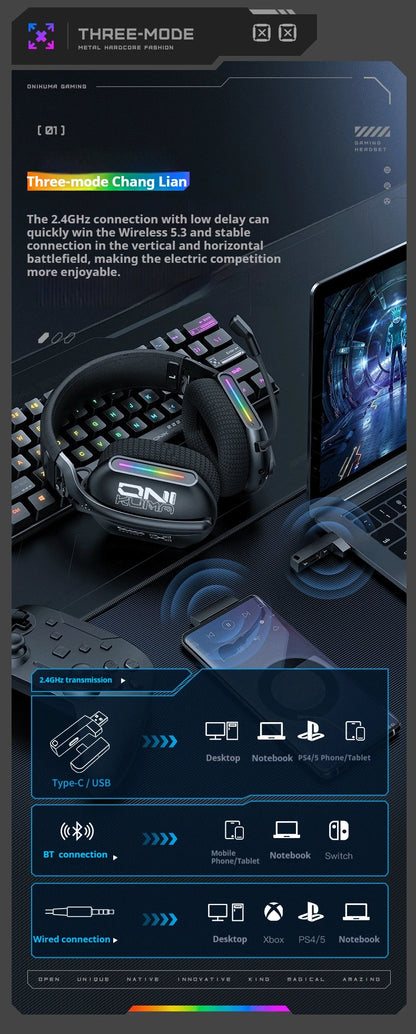 ONIKUMA GT808 Tri-mode Gaming Headset RGB Lighting 2.4G Wireless Gaming PC Wired Desktop with Headset   Ultra Long Life