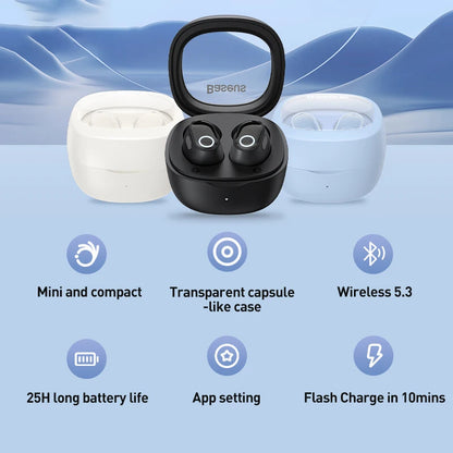 Baseus WM02 True Wireless Earbuds – Bluetooth 5.3, 25Hr Battery, Built-In Mic, USB-C