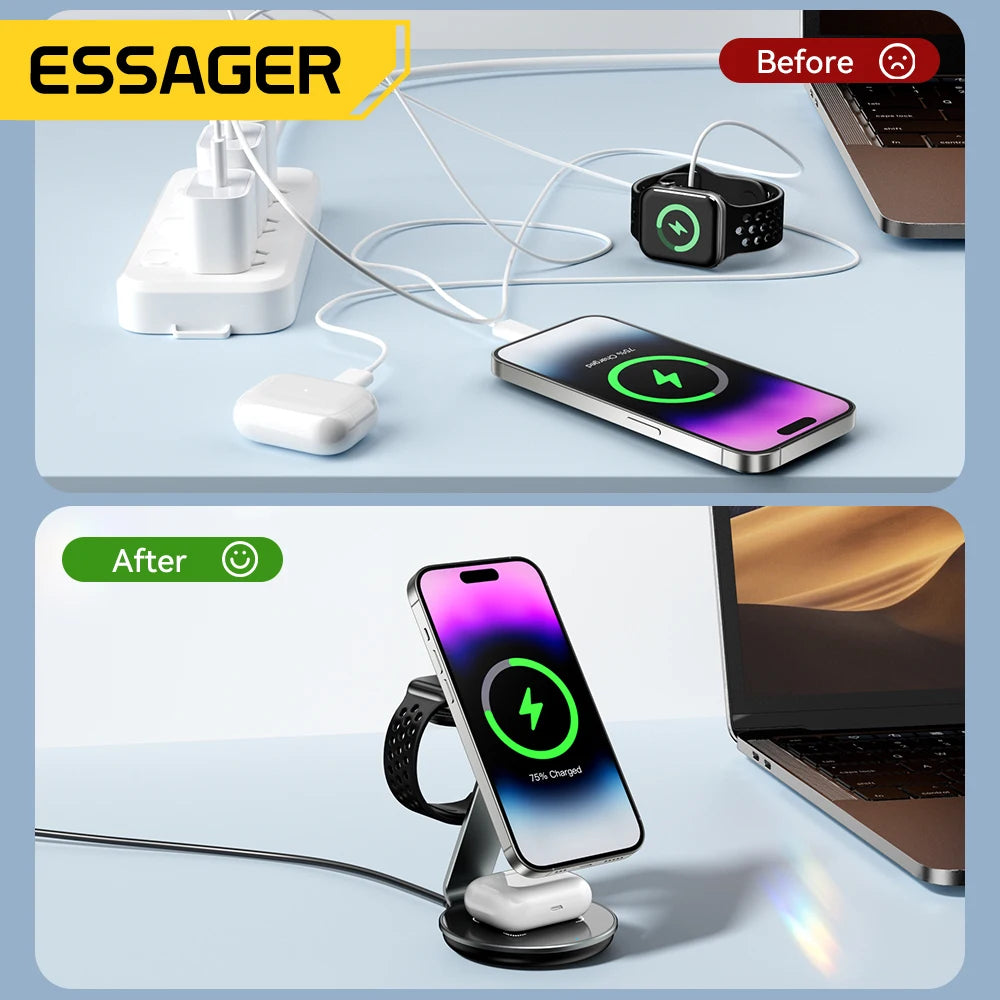 Essager 3-in-1 Magnetic Wireless Charging Stand – iPhone, Watch & AirPods