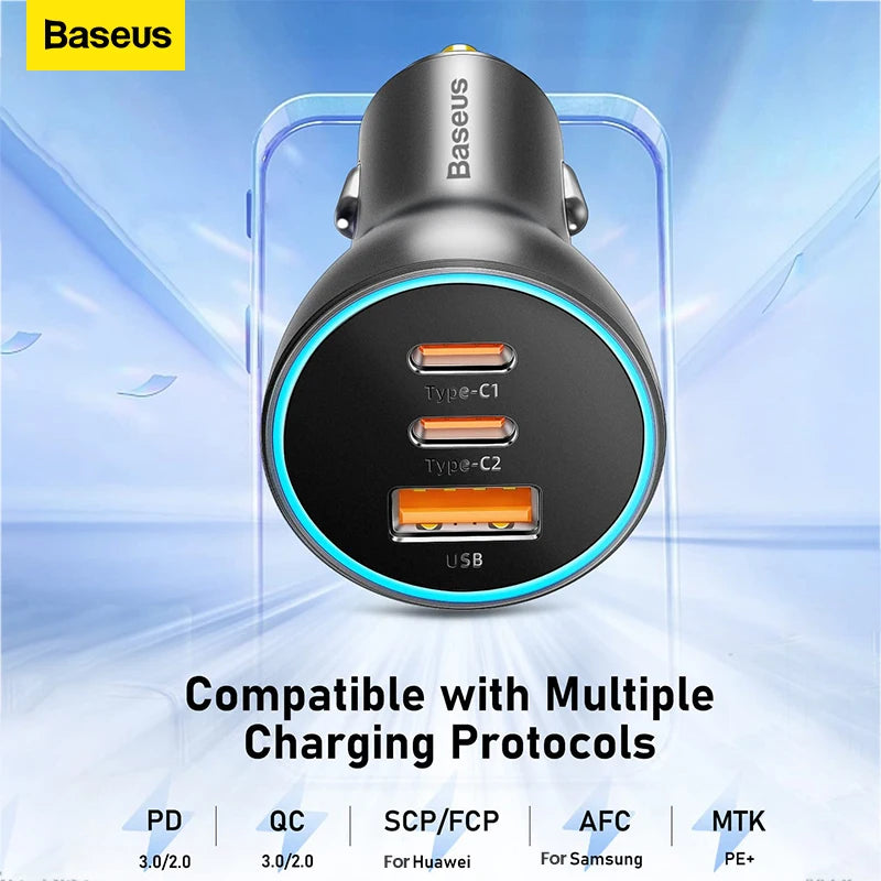 Baseus 65W Car Charger — 3-Port USB-C & USB-A, Fast Charging