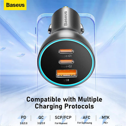 Baseus 65W Car Charger — 3-Port USB-C & USB-A, Fast Charging