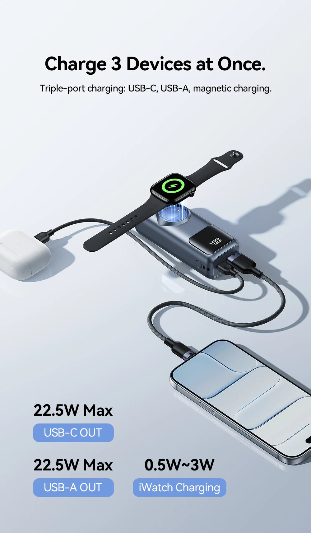 Vention 10000mAh Power Bank – 22.5W, Wireless Charging, Apple Watch Charger, Digital Display