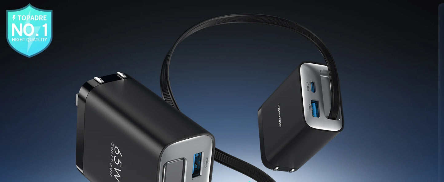 65W GaN 3-Port Travel Charger with Retractable USB-C Cable