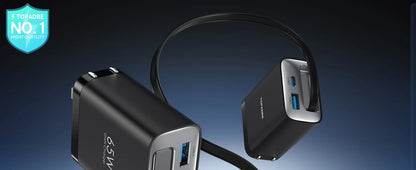 65W GaN 3-Port Travel Charger with Retractable USB-C Cable