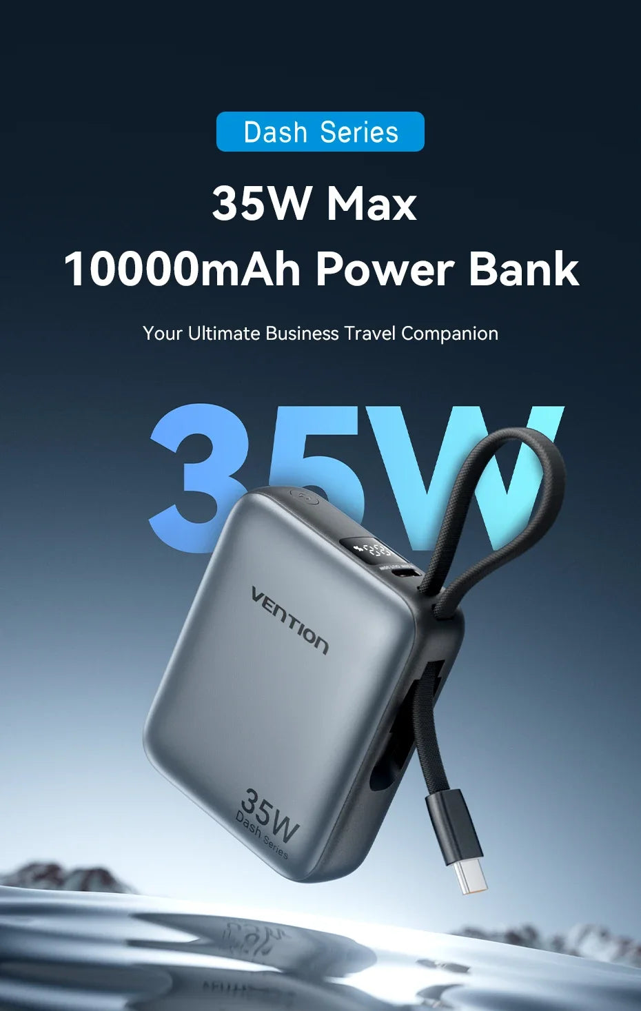 Vention 10000mAh Power Bank 35W – 3C Fast Charge, Built-In Cable, Digital Display, Beige / Gray