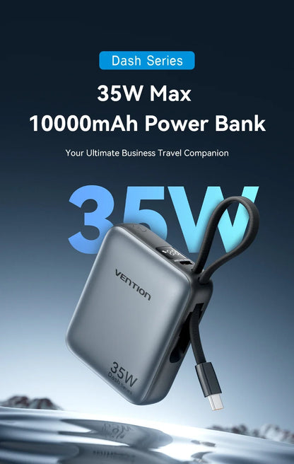 Vention 10000mAh Power Bank 35W – 3C Fast Charge, Built-In Cable, Digital Display, Beige / Gray