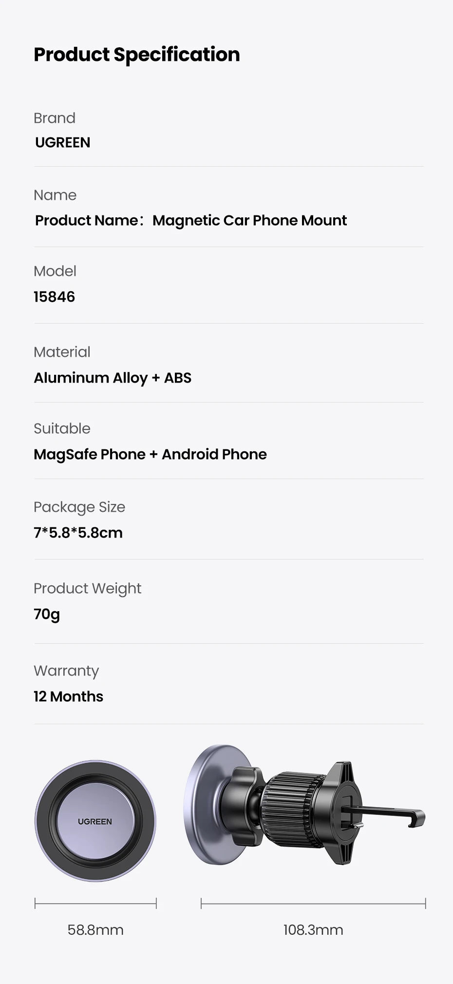 UGREEN Magnetic Car Phone Holder – MagSafe Compatible