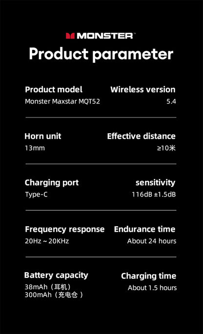 Monster MQT52 Wireless Earphones – Bluetooth 5.4 | 24Hr Battery | Gaming Mode
