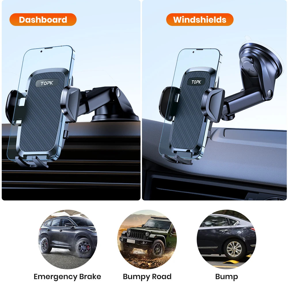 TOPK 4-in-1 Car Phone Holder – Dashboard, Windscreen & Air Vent Mount, Universal Fit