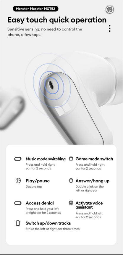 Monster MQT52 Wireless Earphones – Bluetooth 5.4 | 24Hr Battery | Gaming Mode