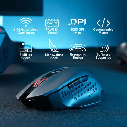 Redragon M656 Gainer Wireless Gaming Mouse – 4000 DPI, 2.4GHz, 7 Macro Buttons, Red LED