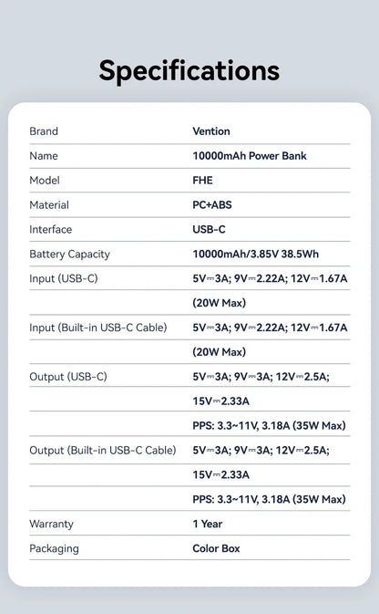 Vention 10000mAh Power Bank 35W – 3C Fast Charge, Built-In Cable, Digital Display, Beige / Gray