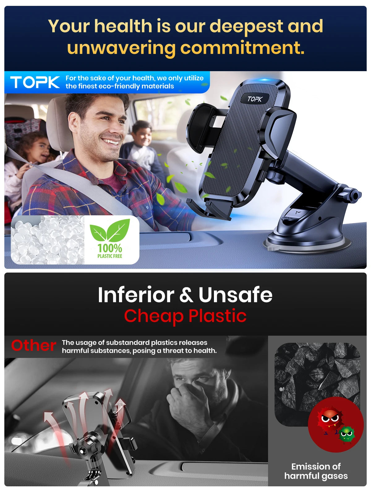 TOPK 4-in-1 Car Phone Holder – Dashboard, Windscreen & Air Vent Mount, Universal Fit