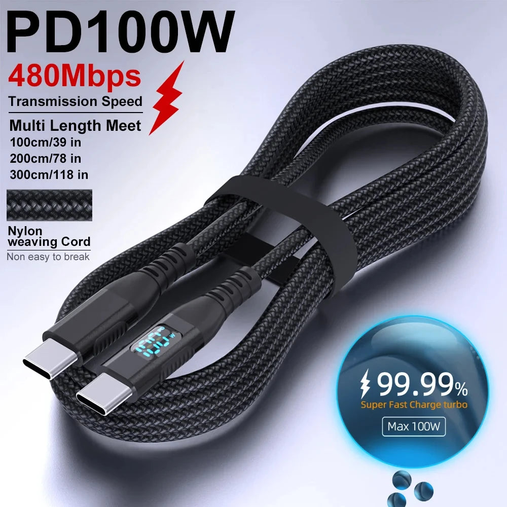 100W USB-C Cable – Laptop & Phone Fast Charging, Nylon Braided, 1m / 2m / 3m