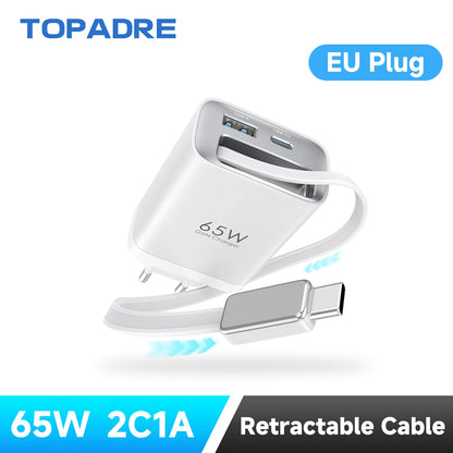 65W GaN 3-Port Travel Charger with Retractable USB-C Cable