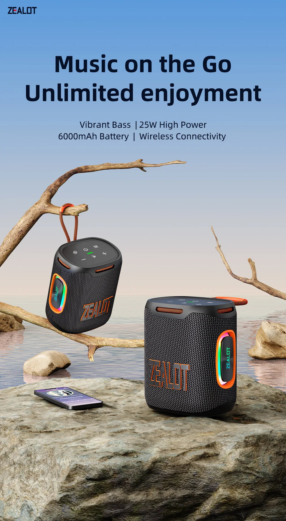 ZEALOT S122 25W Portable Bluetooth Speaker – IPX6 Waterproof, HiFi Stereo, TWS, 20Hr Battery