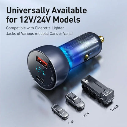 Baseus 65W PD Car Charger – QC 4.0 + QC 3.0, USB-C + USB-A, LED Display, Fast Charge