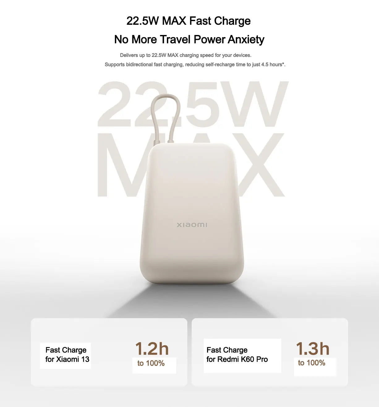 Xiaomi 10000mAh Pocket Power Bank – 22.5W Fast Charge, Built-In USB-C Cable, Triple Output