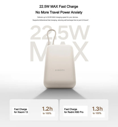 Xiaomi 10000mAh Pocket Power Bank – 22.5W Fast Charge, Built-In USB-C Cable, Triple Output