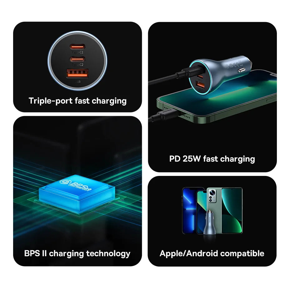 Baseus 65W Car Charger — 3-Port USB-C & USB-A, Fast Charging