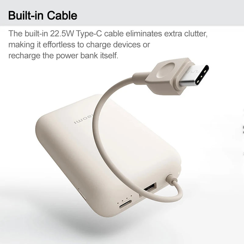 Xiaomi 10000mAh Pocket Power Bank – 22.5W Fast Charge, Built-In USB-C Cable, Triple Output