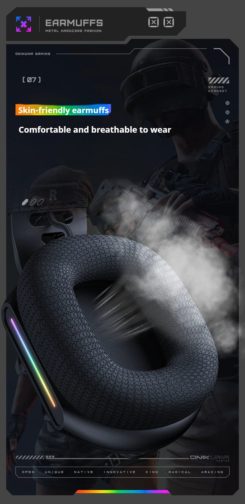 ONIKUMA GT808 Tri-mode Gaming Headset RGB Lighting 2.4G Wireless Gaming PC Wired Desktop with Headset   Ultra Long Life