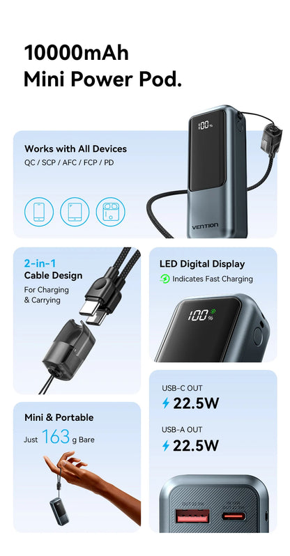 Vention 10000mAh Mini Power Bank – 22.5W Fast Charge, Built-In USB-C Cable, Digital Display